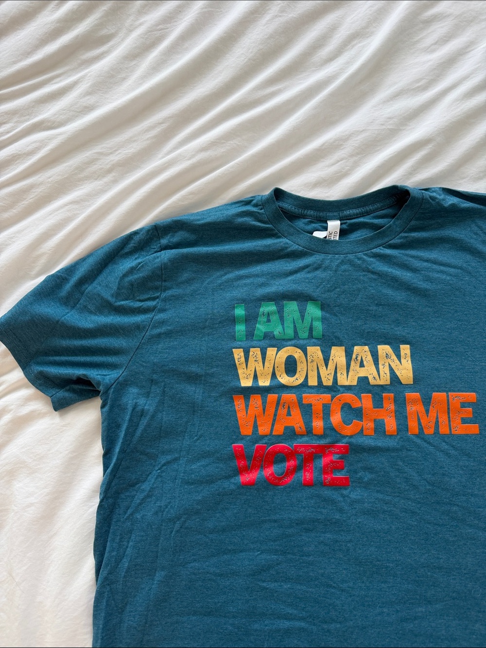Teal Women's Short-Sleeve Graphic Tee – 'I Am Woman, Watch Me Vote'